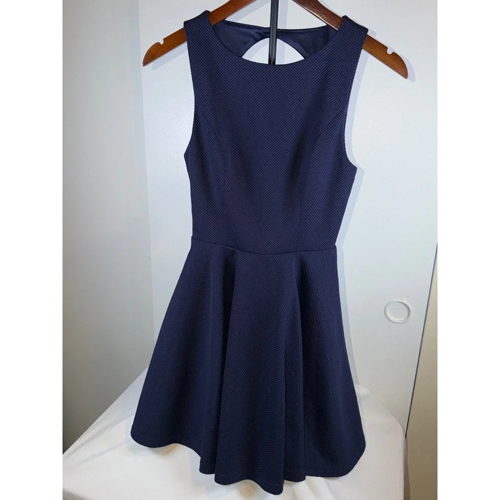 Lulus Skater Dress Women Small Navy Blue Open Back‎ Textured Fit and Flare Mini